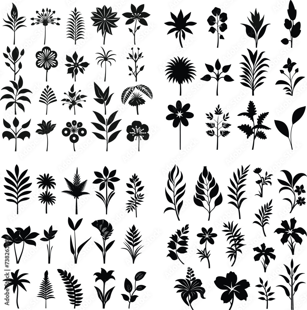 set of  black and white tropical Flower silhouette vector illustration plant leaf isolated summer decoration botanical hibiscus art