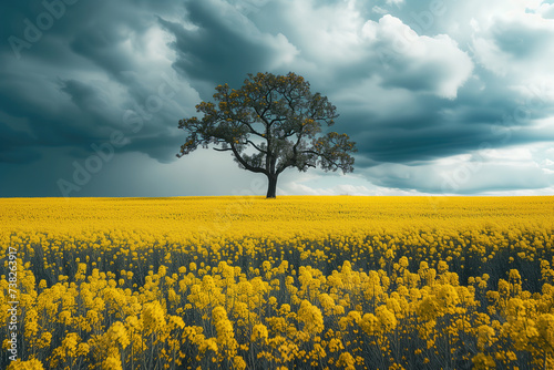 A lone tree standing amidst a vibrant canola field, set against a dramatic sky