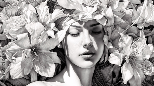 Serene Young Woman in Repose Surrounded by Blooming Flowers - Artistic Monochrome Portrait