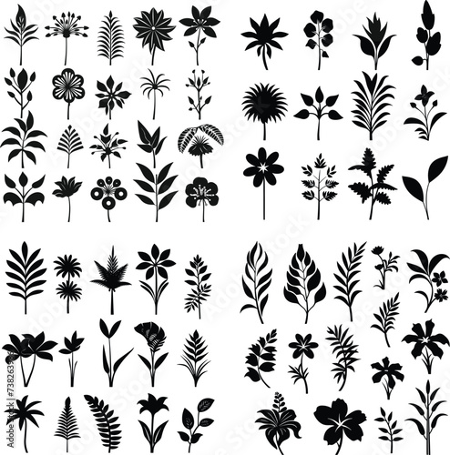 set of  black and white tropical Flower silhouette vector illustration plant leaf isolated summer decoration botanical hibiscus art © Design Your Story
