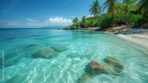 A lush tropical beach with palm trees, rocks in the water, and a clear blue sky