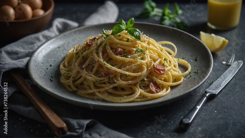Classic homemade pasta carbonara with pancetta, egg, parmesan cheese and cream sauce. Spaghetti alla carbonara. Italian cuisine. 