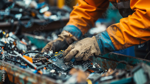 Close-up of hands of a recycling worker sorting electronic waste for responsible recycling and resource recovery, dynamic and dramatic composition, with copy space
