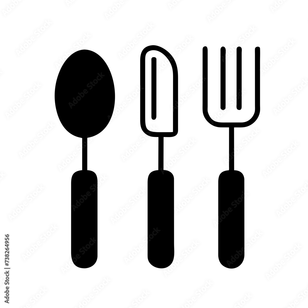 Set of fork, knife, spoon. Silhouette of cutlery. Vector illustration
Set of fork, knife, spoon. Silhouette of cutlery. Vector illustration