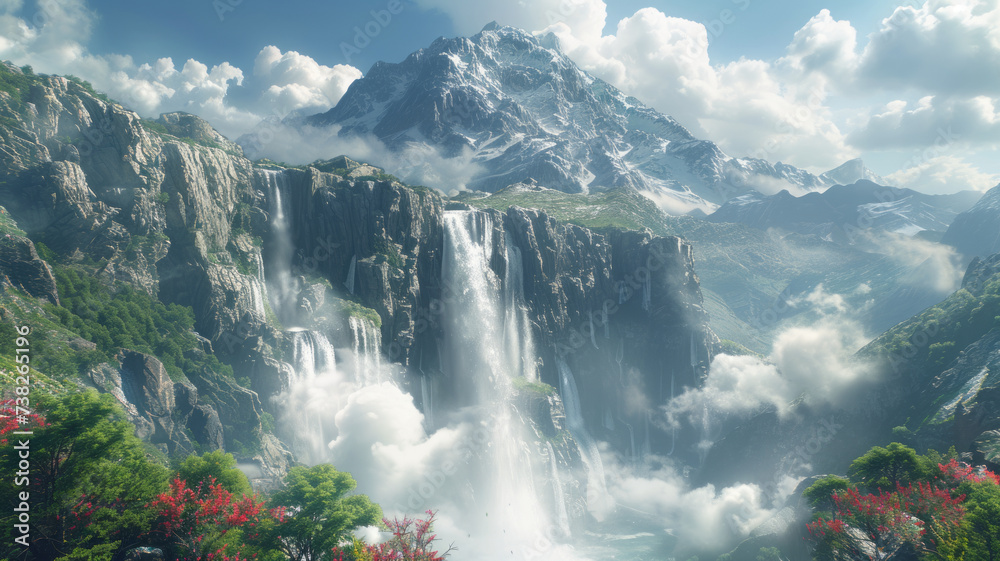 Beautiful waterfalls cascade down rocky cliffs and clouds float into the air,generative ai Beautiful waterfalls cascade down rocky cliffs and clouds float into the air,generative ai