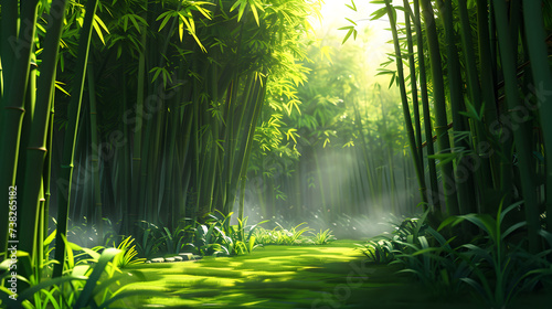 Bamboo forest with clear blue sky and fluffy clouds in the background,, abstract cartoon forest magical fantasy landscape background Pro Photo