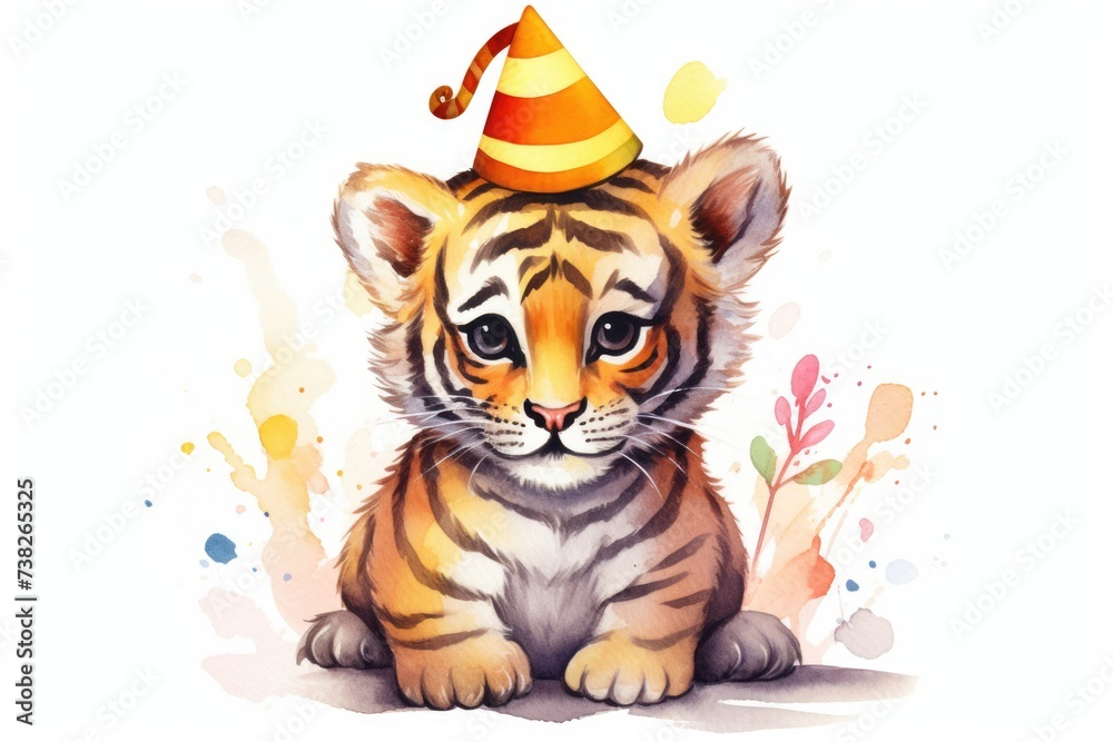 cute happy tiger in a festive hat. . illustration on white background