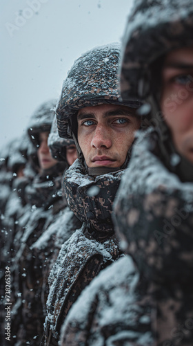 Soldados del ejercito ucraniano en formación en el campo cubiertos de nieve