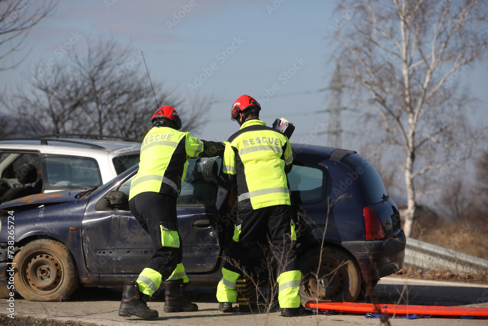 Fire and Rescue Imergency Units at car accident training Fire and Rescue Imergency Units at car accident training