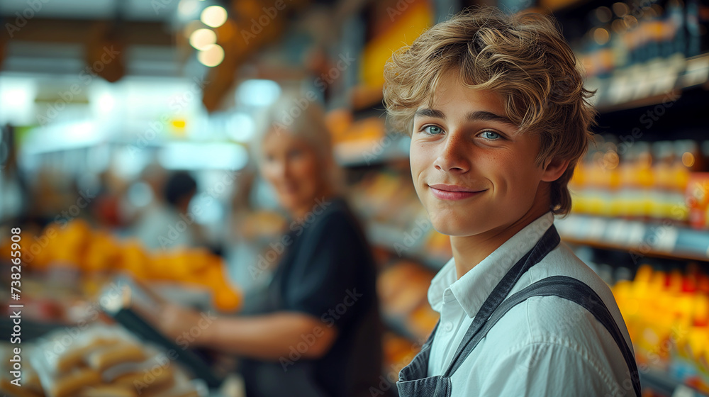 Portrait of a handsome young man employee in a supermarket grocery store.