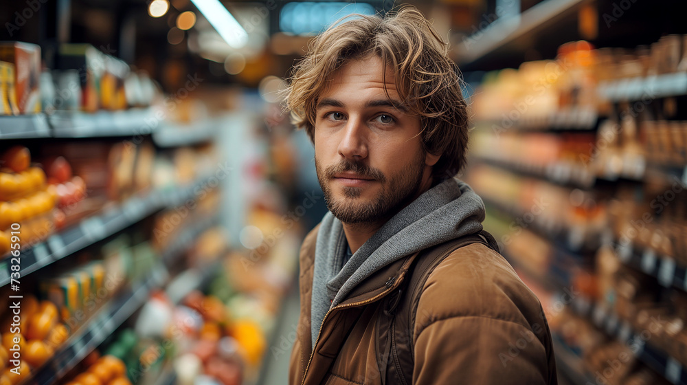 Portrait of a handsome young man grocery shopping in a modern supermarket. 
