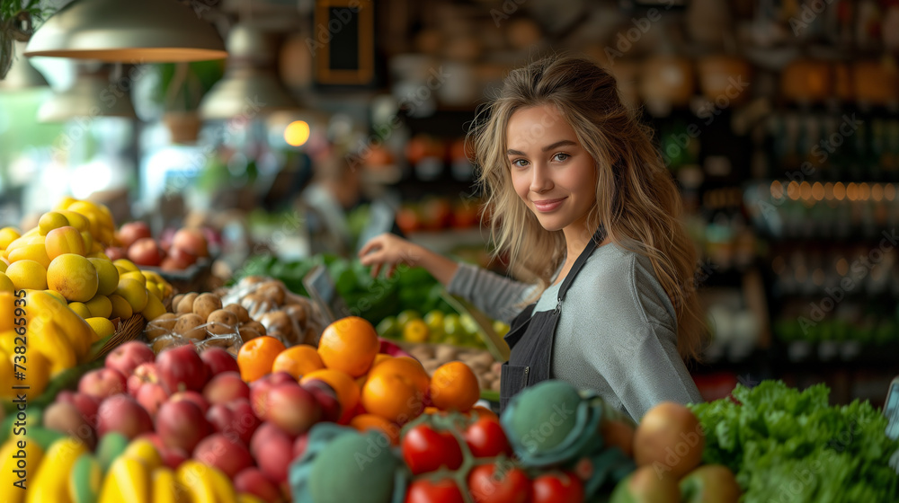 Portrait of a blonde woman working in a fruit and vegetable stall. Portrait of a blonde woman working in a fruit and vegetable stall.