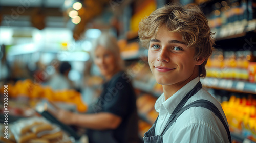 Portrait of a handsome young man employee in a supermarket grocery store.
