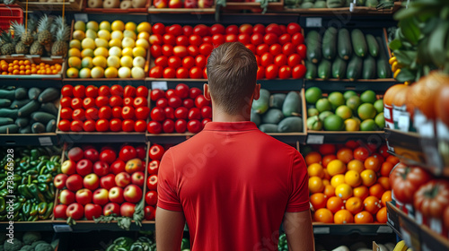 Backside of a man wearing a red shirt in a grocery store looking at fruit and vegetable cassettes. 