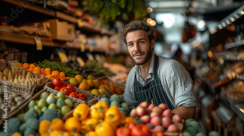 Portrait of a bearded man working in a fruit and vegetable stall.