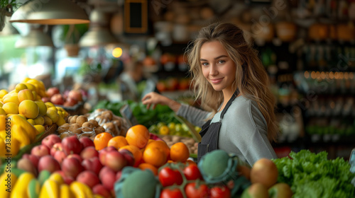 Portrait of a blonde woman working in a fruit and vegetable stall.