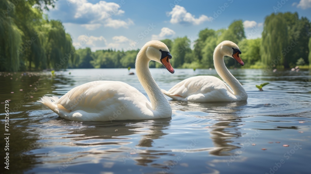 Illustrazione Stock Acrylic painting of two swans swimming in a lake ...