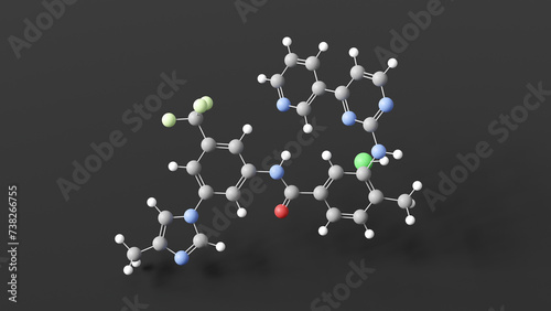 nilotinib hydrochloride molecular structure, hydrochloride salt of nilotinib, ball and stick 3d model, structural chemical formula with colored atoms photo