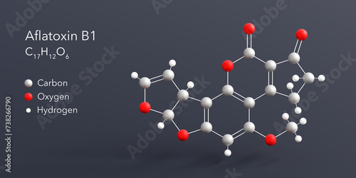 Fototapeta Naklejka Na Ścianę i Meble -  aflatoxin b1 molecule 3d rendering, flat molecular structure with chemical formula and atoms color coding