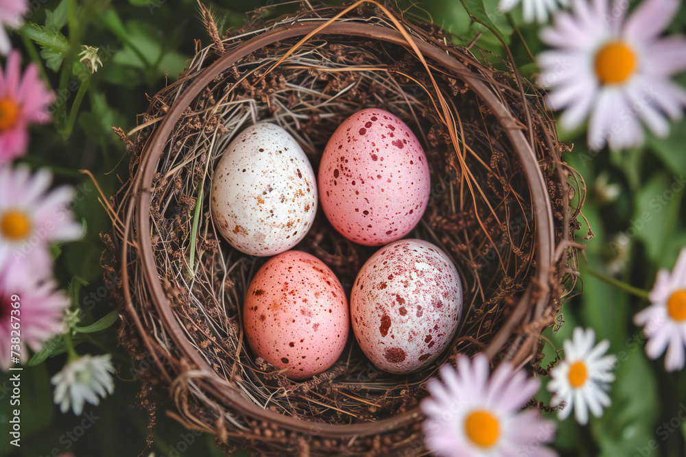 Celebrate Easter with a Rustic Nest of Colorful Eggs, Spring Holiday Tradition and Decoration Concept