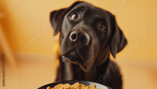 A watchful Labrador Retriever looks up eagerly, waiting to eat from a bowl of dog food with a lot of light in the background photo