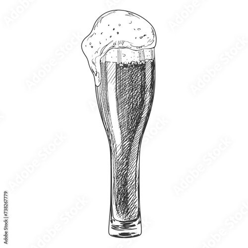Tall glass of beer isolated on white background. Pint glassware. Oktoberfest vector illustration. Sketch style glass of foaming beer. Engraved illustrations for pub menu.
