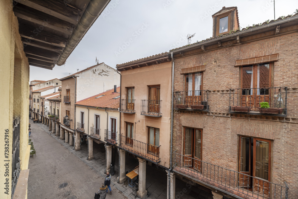Views of facades of very old homes on the main street of Alcalá de Henares, Madrid