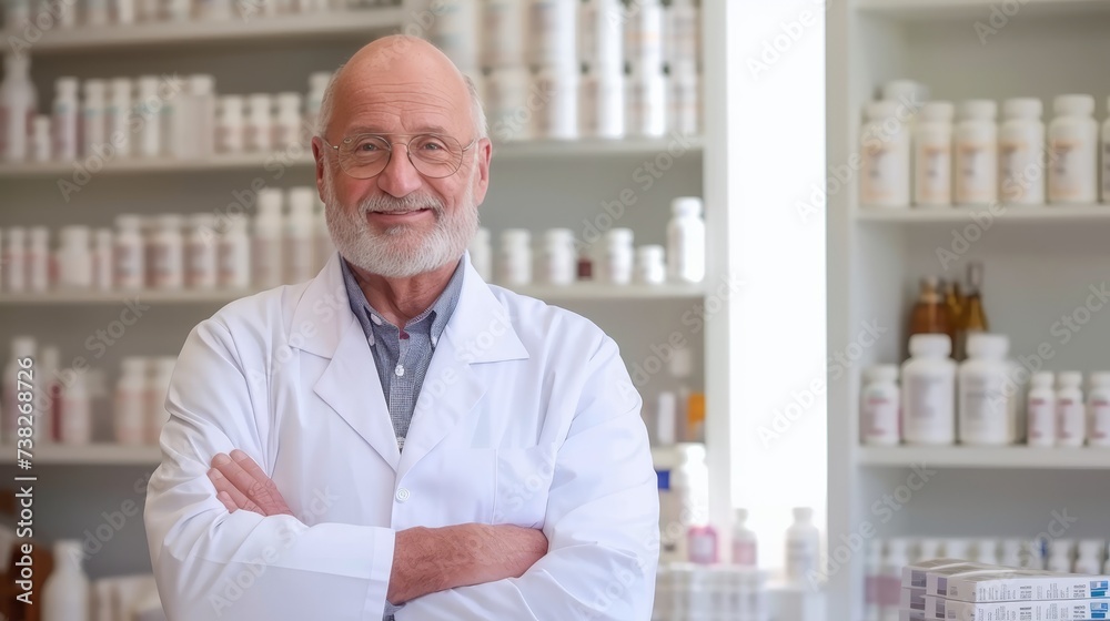 Senior male pharmacist in modern pharmacy, man in glasses on blurred background with copy space.