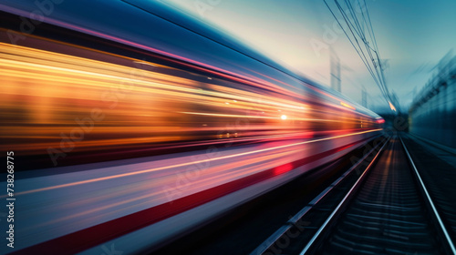 Dynamic motion blur of a fast-moving train at dusk