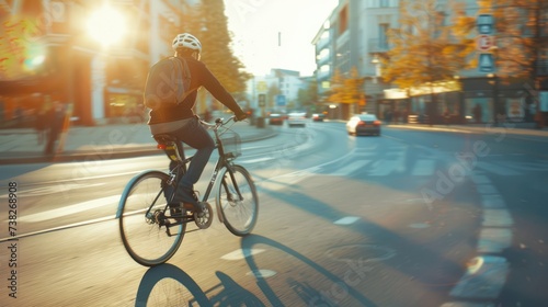 man riding a bicycle on a road in a city street. blurry city in the background. golden hour day time © ANStudio
