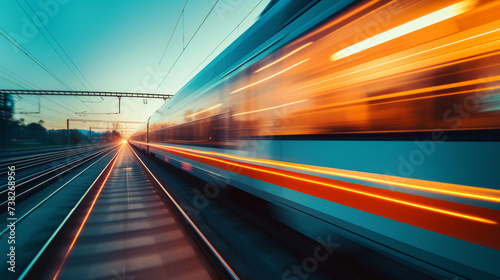 Dynamic motion blur of a fast-moving train at dusk