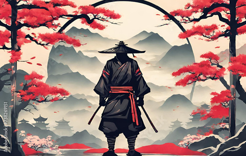 Japanese vibe samurai dark silhouette, Japanese Bushido Samurai Illustration Digital Art 3D Style Painting Vector Art, Japanese Bushido Samurai Illustration Digital Art 3D Style Painting Vector Art