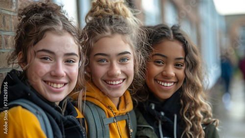 multiracial group of three teenage girls with unretouched skin chatting happily sitting on a bench outside the university campus.generative ai