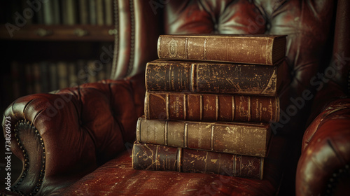 Stack of antique books on a vintage leather chair photo