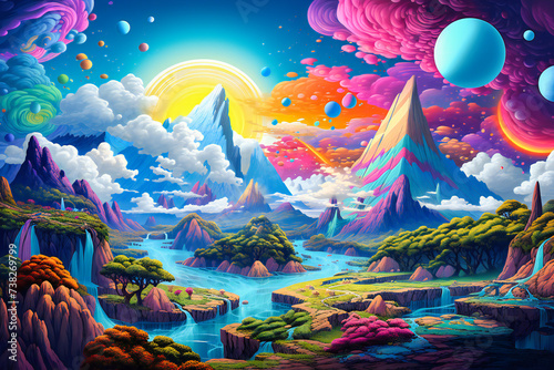 Fantasy Landscape and Water Reflection, Dreamlike Nature and Space, Artistic Illustration