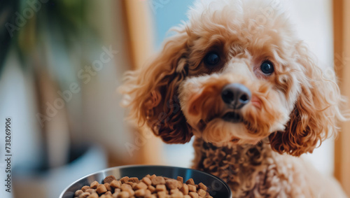 A watchful Poodle looks up eagerly, waiting to eat from a bowl of dog food with a lot of light in the background