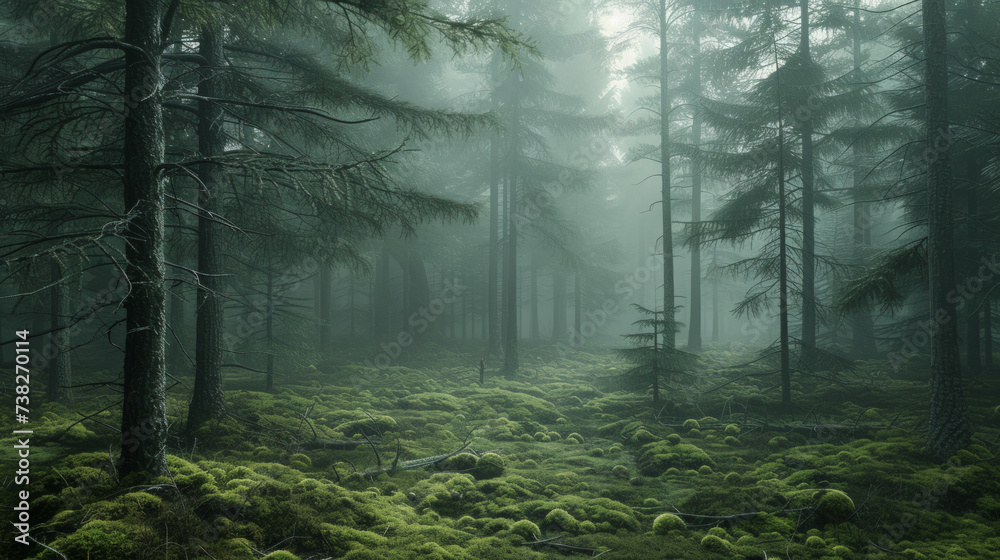Foggy morning in a dense, moss-covered forest - obrazy, fototapety, plakaty 