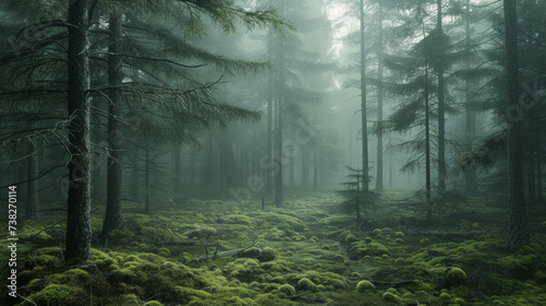 Foggy morning in a dense, moss-covered forest