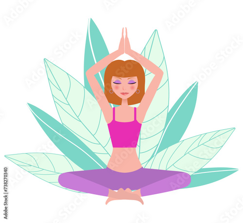 Concept of yoga classes, meditation, relaxation. A beautiful girl with closed eyes in a purple suit sitting against a background of large green leaves in the lotus position. Vector illustration.