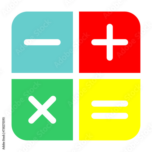 PrintMath icon set. Multicolor arithmetic plus, minus, equals, multiply and divide signs on white background. Illustration isolated on white background. 
