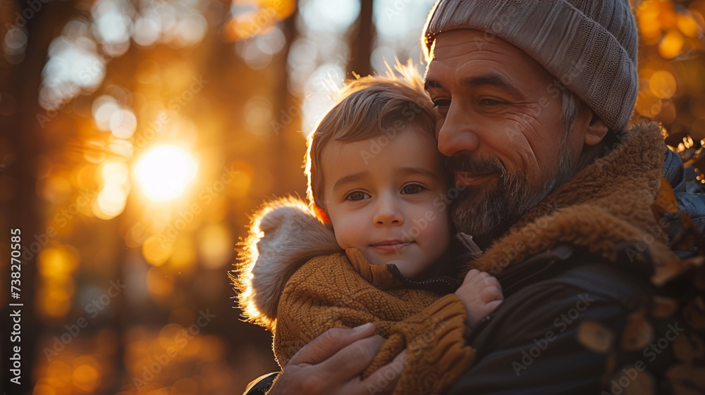 Obraz premium Happy man carrying son with down syndrome at park,generative ai