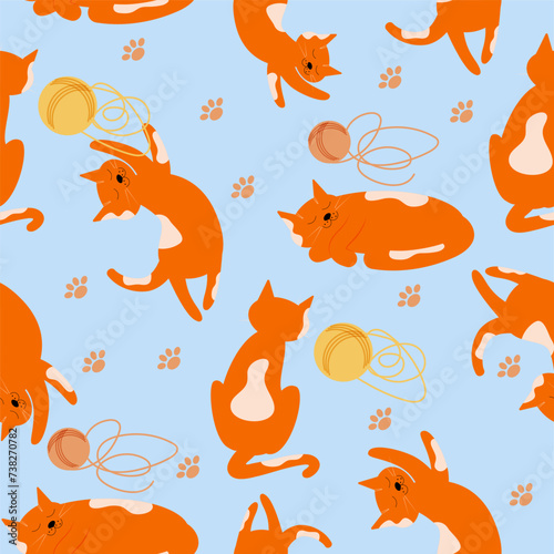 Vector seamless pattern with cute ginger cat  looking  sleeping  jumping and playing with knitting yarn.