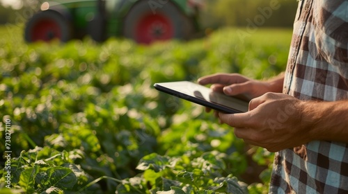 Farmer using tablet in field, blurred tractor background, agriculture tech concept, space for text.