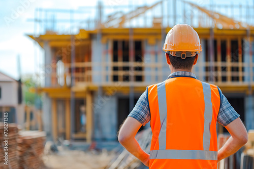 construction engineer standing with his back and watches at a house building construction. wearing a helmet and orange safety vest. working as a architect. blurry background