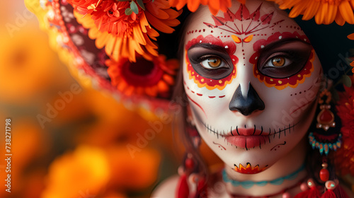Mexican woman with day of the dead makeup flowers, Die de los metros. Day of The Dead. Woman with sugar skull makeup on a floral background. Calaveras Catriona. Halloween. Generative Ai  photo