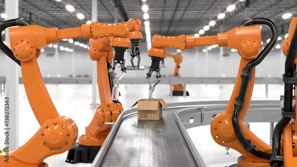 Robot arm fills open cardboard boxes with bottles on a conveyor belt ...