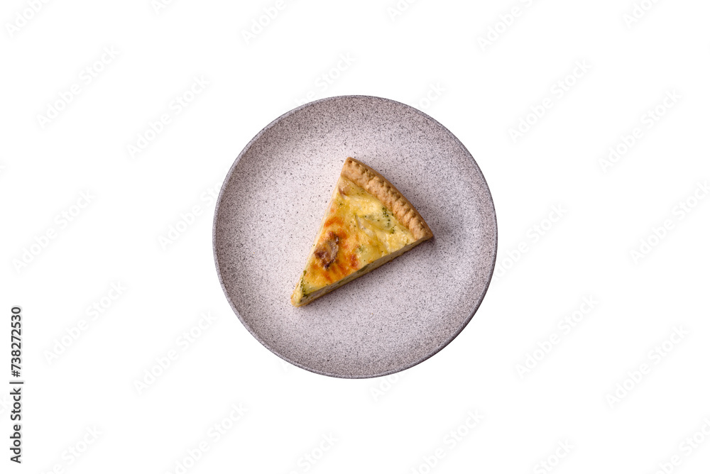 Delicious crispy quiche cut into slices with cheese, broccoli, tomatoes Delicious crispy quiche cut into slices with cheese, broccoli, tomatoes