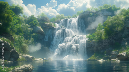 Beautiful waterfalls cascade down rocky cliffs and clouds float into the air generative ai