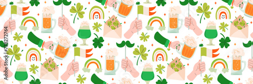 St. Patricks Day seamless pattern. Background with Festive elements. Beer in hand Irish flag shamrock