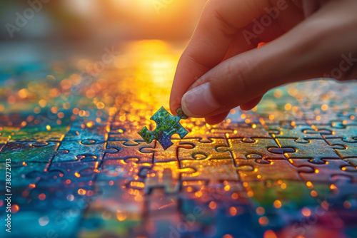 A hand placing a puzzle piece into a business puzzle emphasizes the importance of aligning different elements and strategies for achieving a cohesive and successful business model. Generative Ai.
